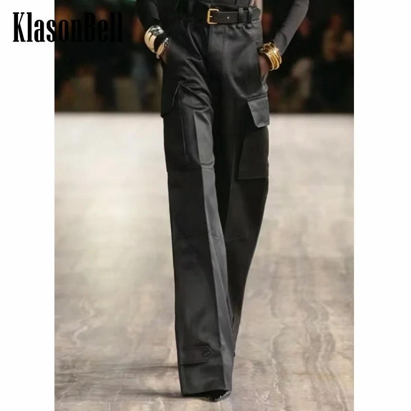 7.5 KlasonBell Women Black Cargo Trousers Women Fashion All-matches With Genuine Leather Belt Pocket Design Straight Pants