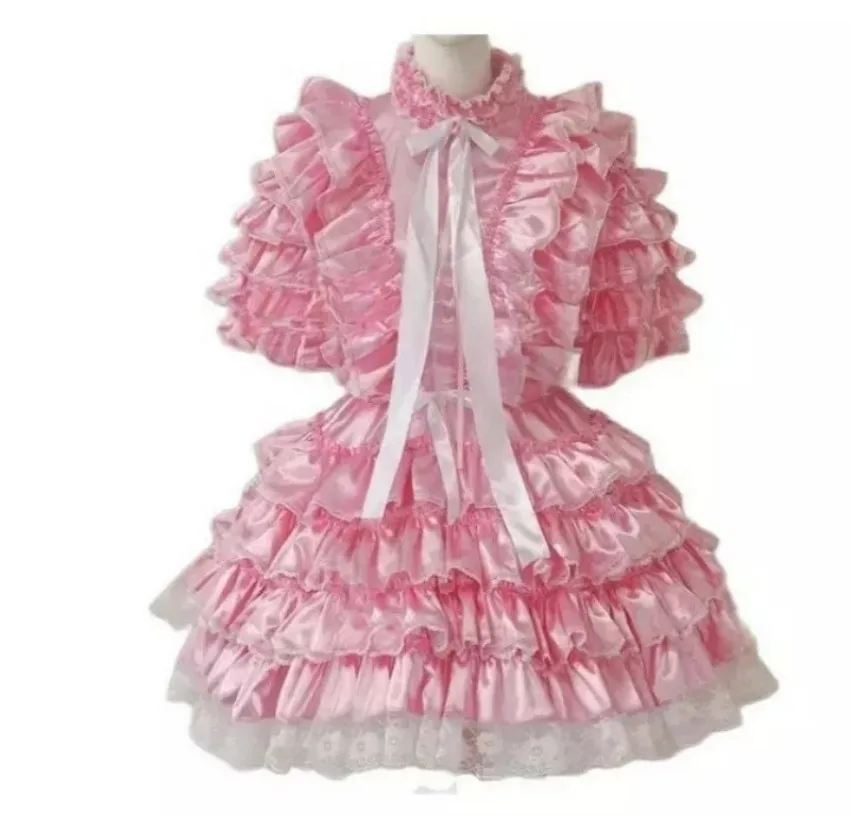 

Sissy girl can lock in pink satin lace dress, maid cosplay customized