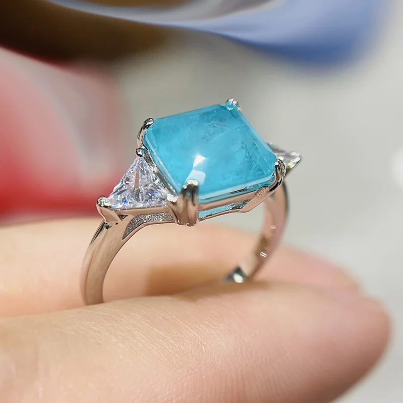 925 فضة الزفاف خواتم الاصبع للنساء 9 مللي متر x 9 مللي متر Paraiba الزمرد التورمالين خاتم الأحجار الكريمة حفلة خطوبة مجوهرات