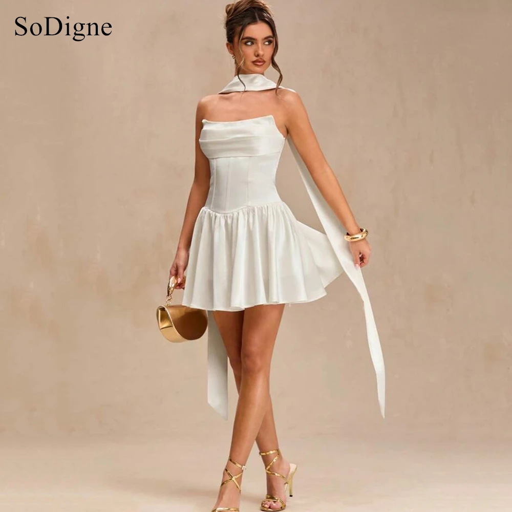 SoDigne Chic Mini Satin Evening Dress Pleat Strapless Lace-Up Party Dresses Backless Waist-Cinching A-Line Prom Gowns Customized