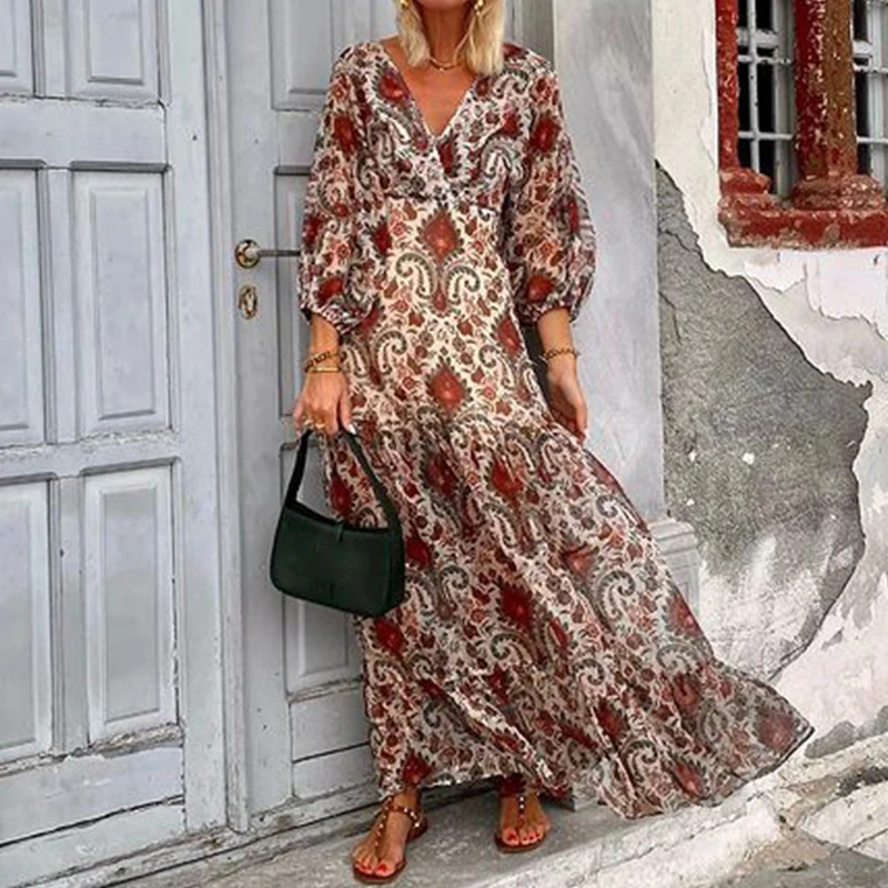 Fashion Pattern Print Vacation Beach Dress Women Spring V Neck Long Sleeve Boho Maxi Dress Summer Lace-up Backless Long Dresses