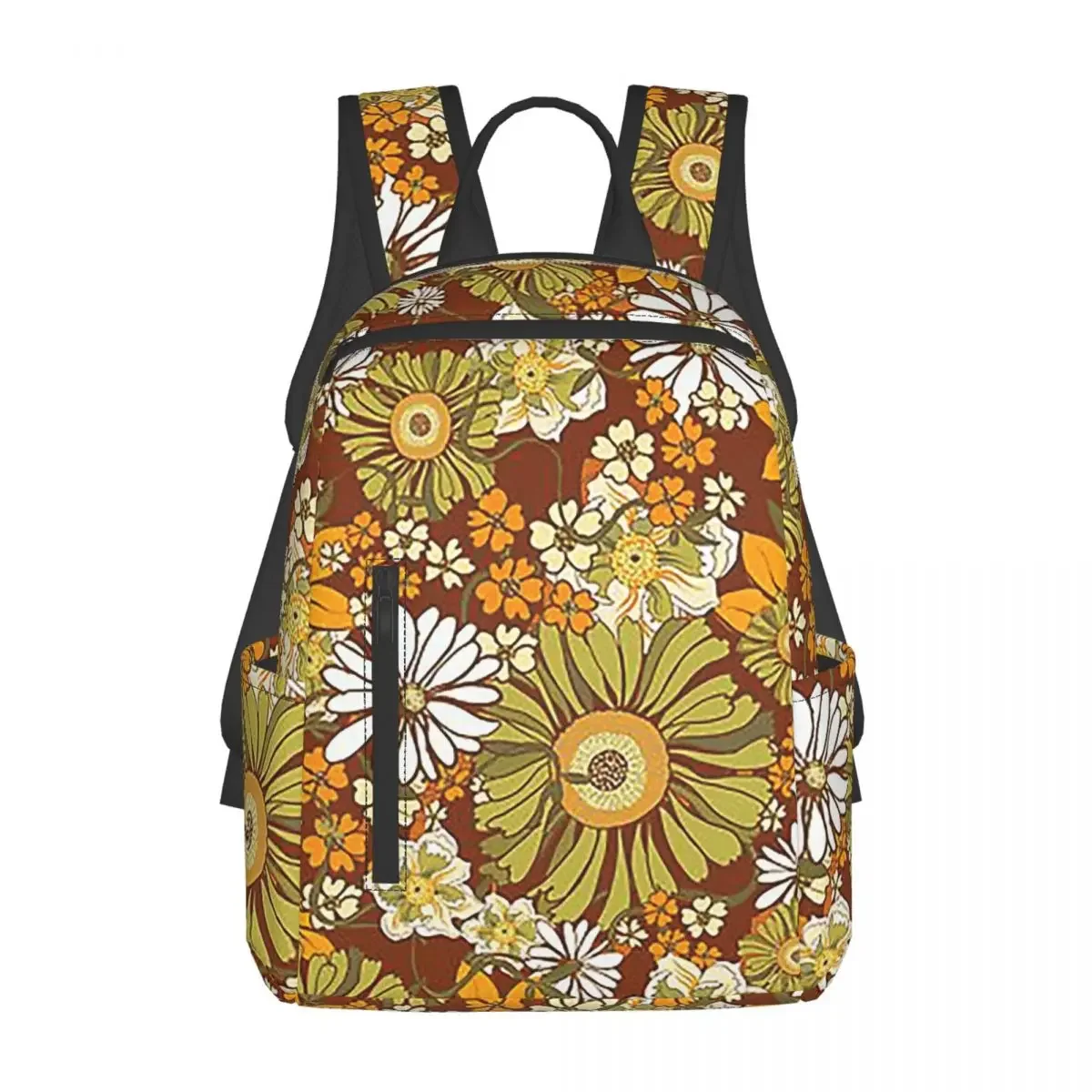 

70s Retro Vintage Flower Power Pattern Boho Backpack Daypack Large Capacity Children BookBag School Bag Shoulder Bags