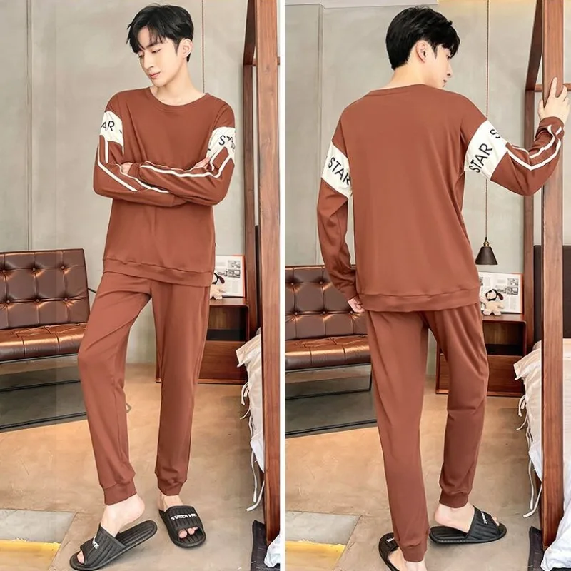 Extra Large Size Men's New Pajamas Spring and Autumn Sleepwear Pure Cotton Long Sleeved Pants Loungewear Loose Round Collar 6XL