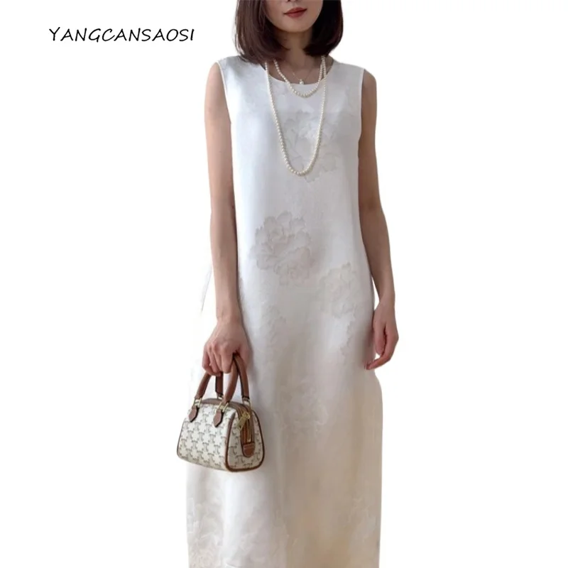

Fashion Summer Clothing 35MM 100% Natural Mulberry Silk Jacquard Satin Front/Back Two Outfits Round Neck V-neck Split Vest Dress