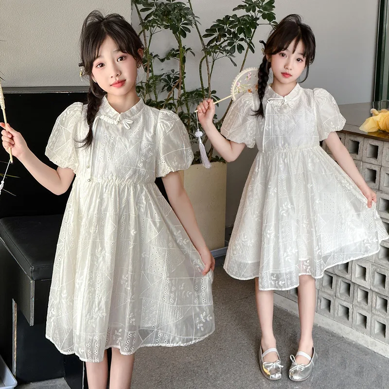 

Girls Skirt New Chinese Dress Summer 2024 New Foreign Style Girls National Style Skirt Children Summer Simple Casual Dress