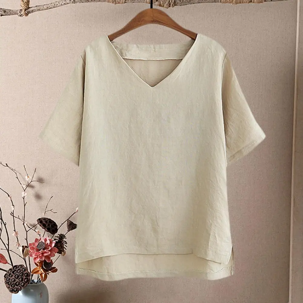 Summer Casual T-shirt V-Neck Short Sleeve Tee Shirt Top Solid Color Loose Fit Side Slit Hem T-shirt Streetwear Loose Fit Blouse