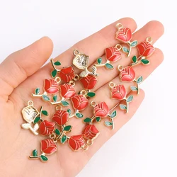 10Pcs Sweet Oil Drip Red Rose Flower Pendant For Necklace Bracelet Valentine's Day Earrings Charm DIY Accessories Craft Supplie