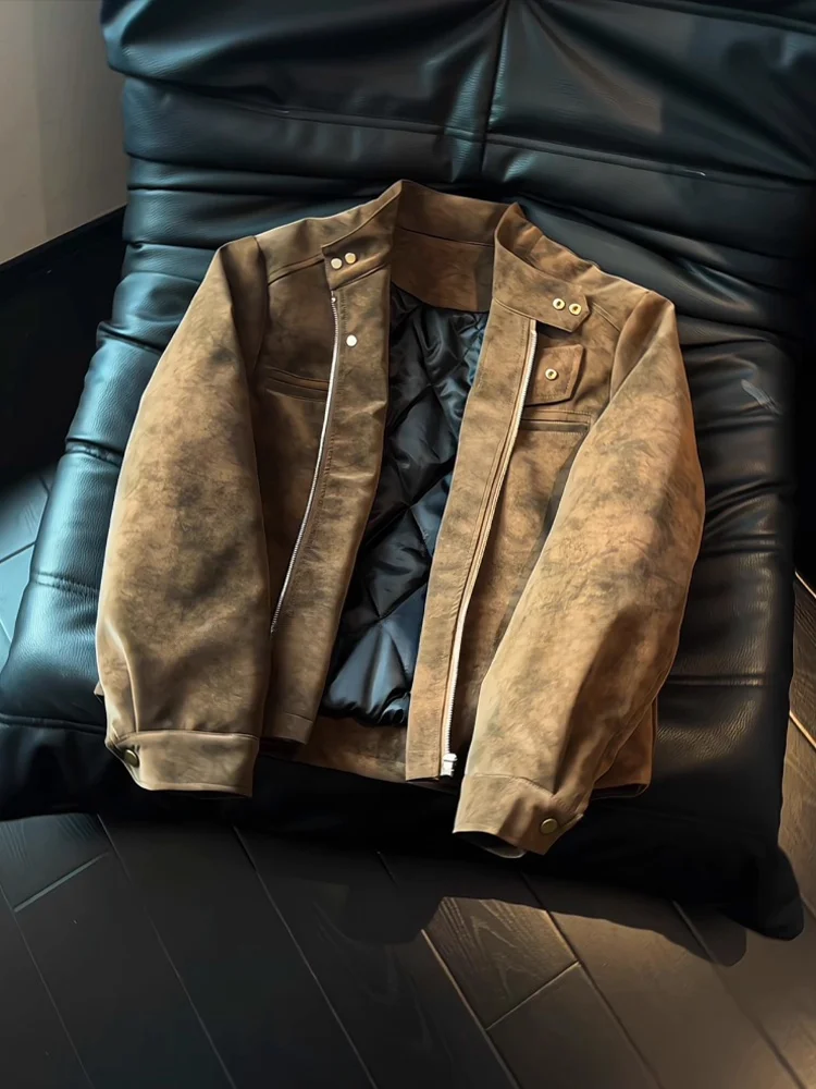 الرجعية الأمريكية مصبوغ دراجة نارية القطن Jaet الرجال الشتاء Thiened oulder مبطن الوقوف طوق القطن معطف دافئ عارضة #2