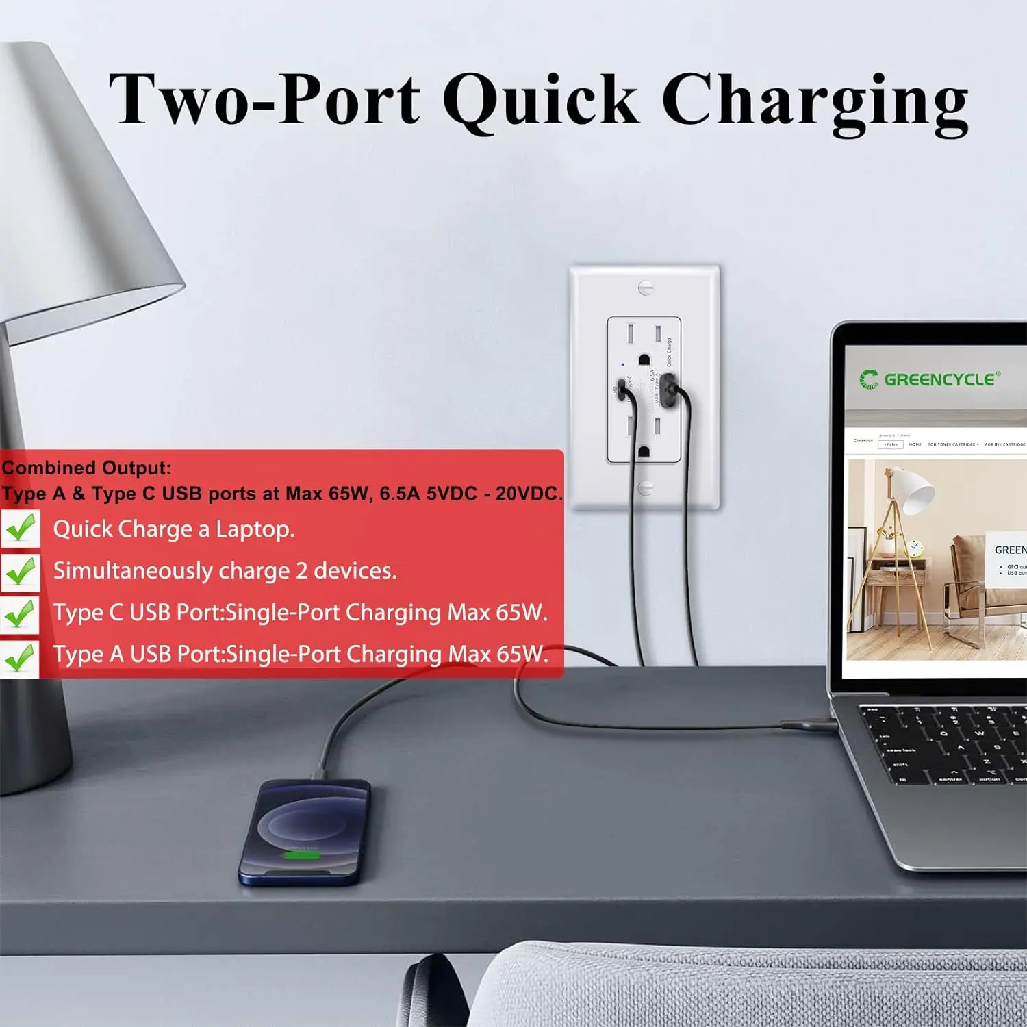 10PK GaN 65W Type C Sortie, chargeur de USB-C de charge rapide, 15Amp Tamper Degré Prise de courant, Prise USB électrique