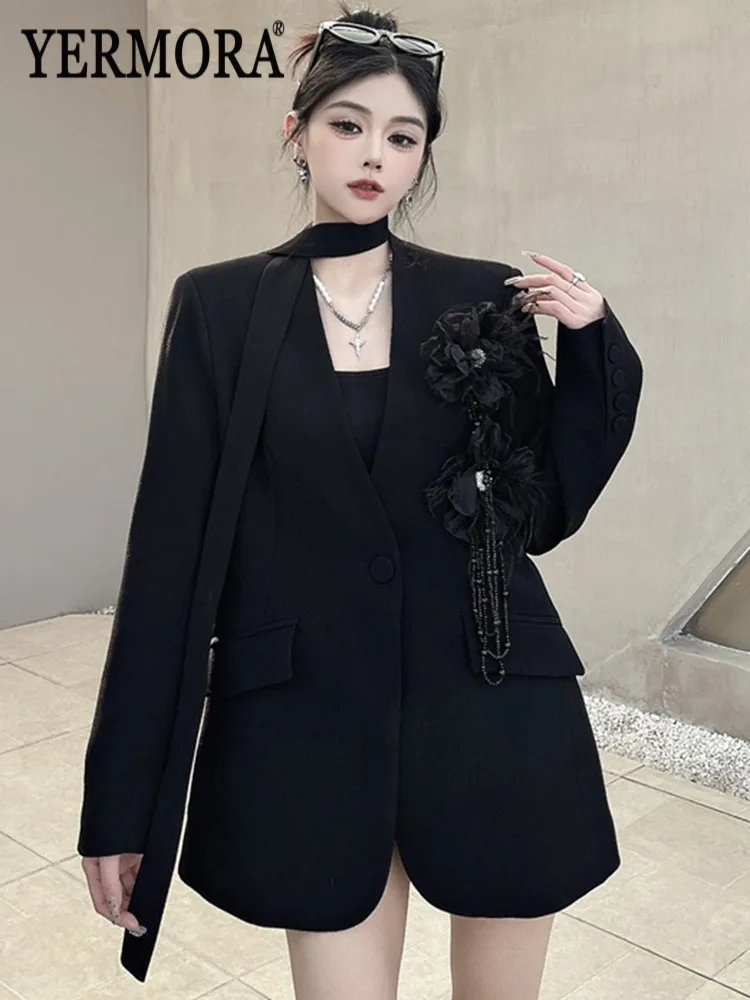 

YERMORA черный повседневный блейзер с цветочной цепочкой и лентой для женщин, свободный новый пиджак с v-образным вырезом и длинными рукавами, модная весна-осень 20225
