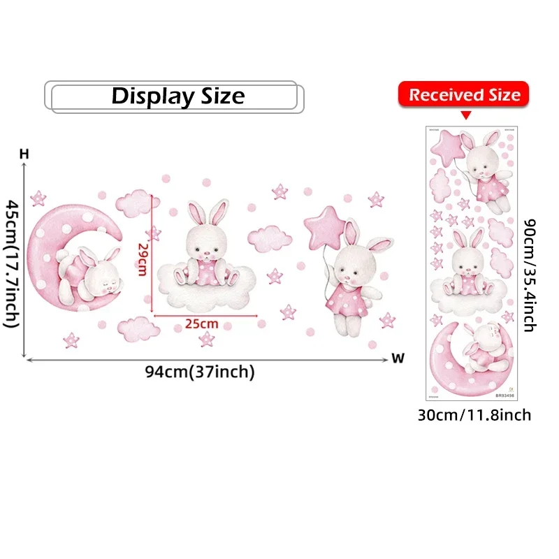 Watercolor Soft Pink 3 Bunnies Rabbit Moon Clouds Stars Wall Stickers for Kids Room Baby Nursery Room Wall Decals Home Decor PVC