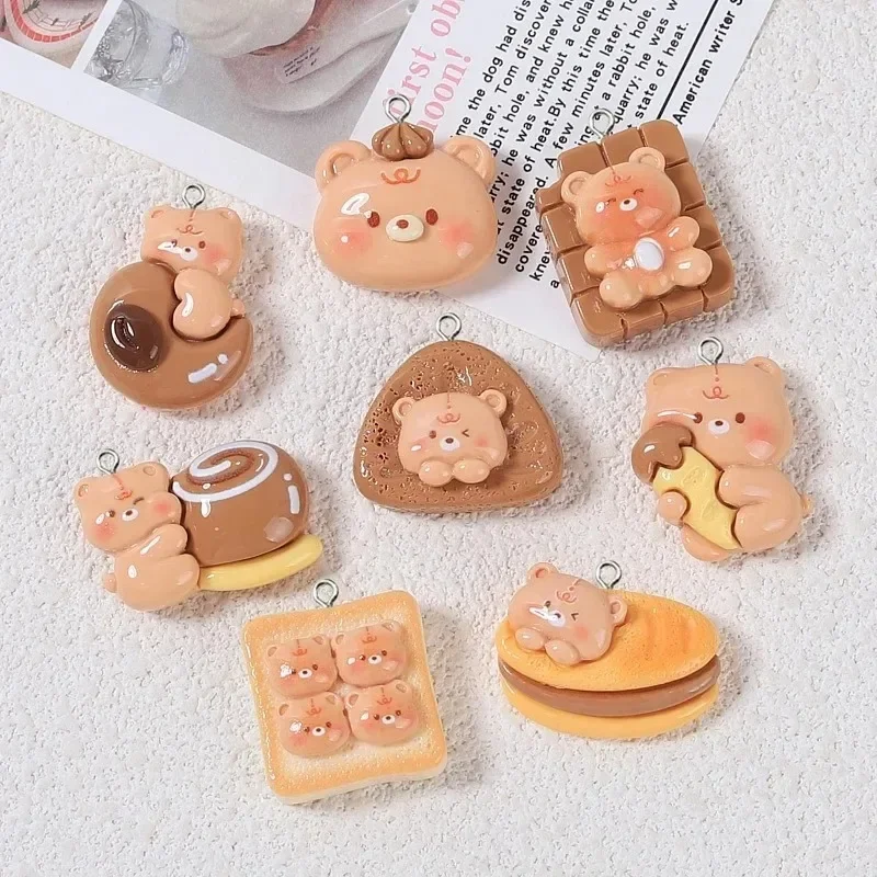 10Pcs Cute Animal Bear Toast Bread with Coffee Resin Pendants, Cartoon Food Charms for Handmade Earring Keychain