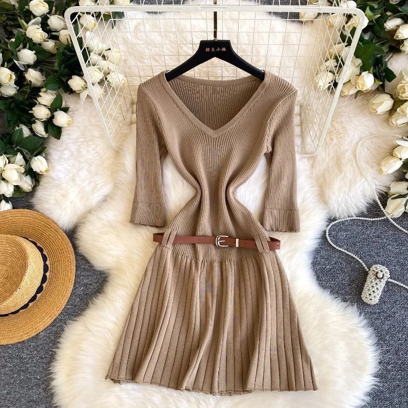 

Mid Length Dress Women Knit Dresses A Line Vestidos Y2k Streetwear V Neck Full Sleeve Tight Waist Belt Elegant Party Night Work