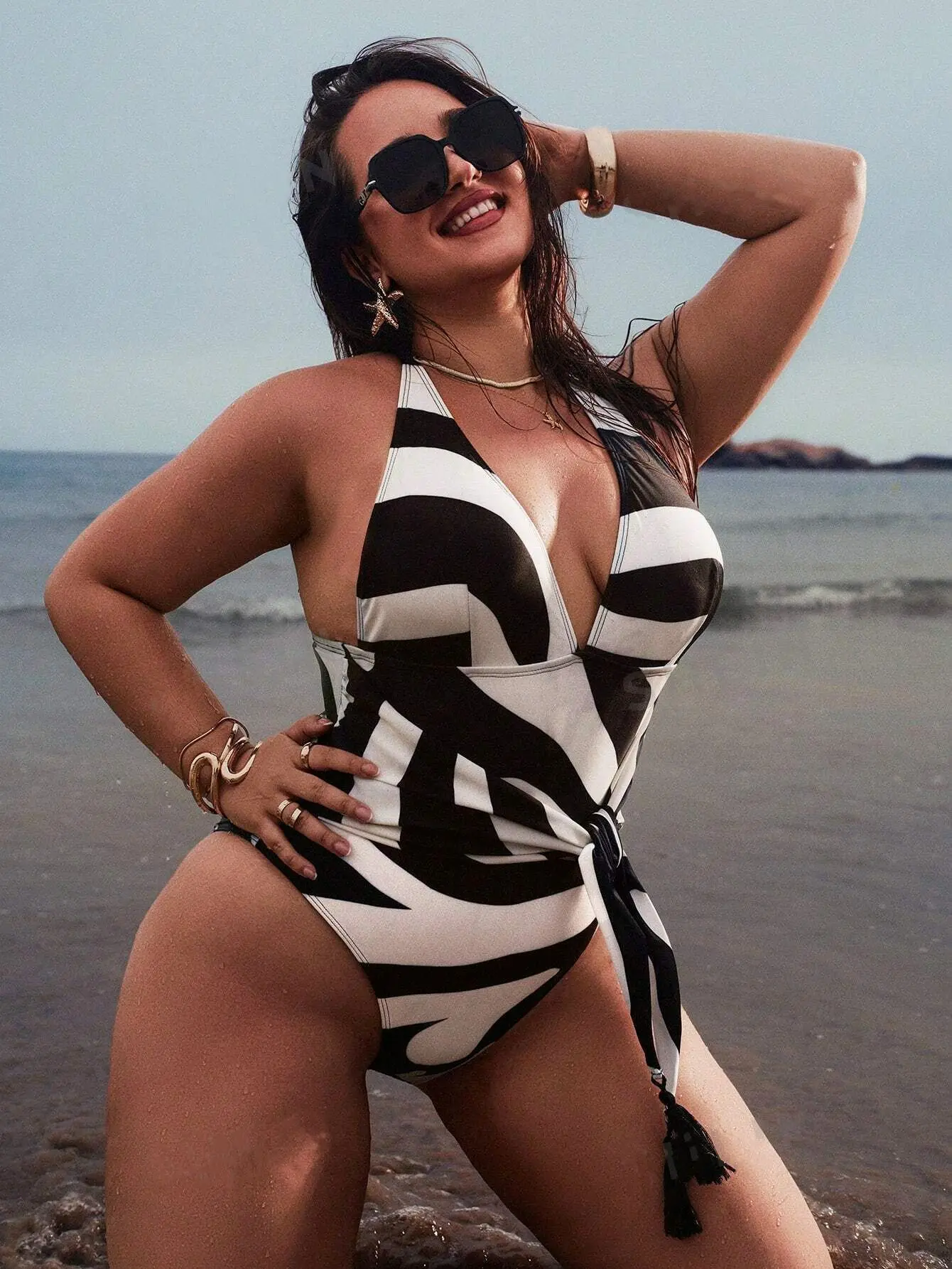 Plus Size Women One Piece Swimsuit Halter Deep V Neck Striped Bathing Suit Tie Waist Tassel Beach Swimming Costume