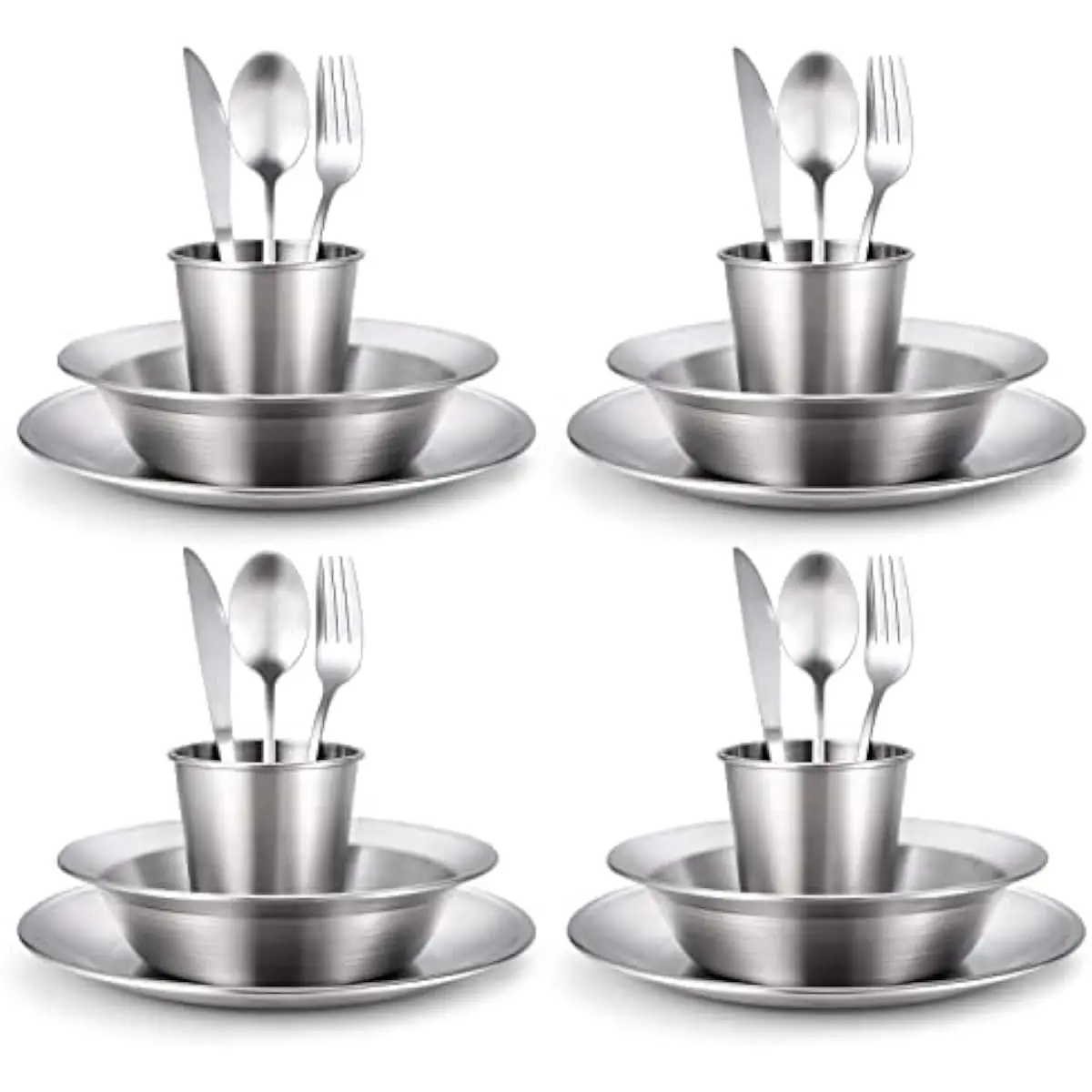 Stainless Steel 4-Piece Outdoor Dining Set Includes Plates Cups Bowls Cutlery Travel Case Lightweight Compact Dishwasher Safe Fo