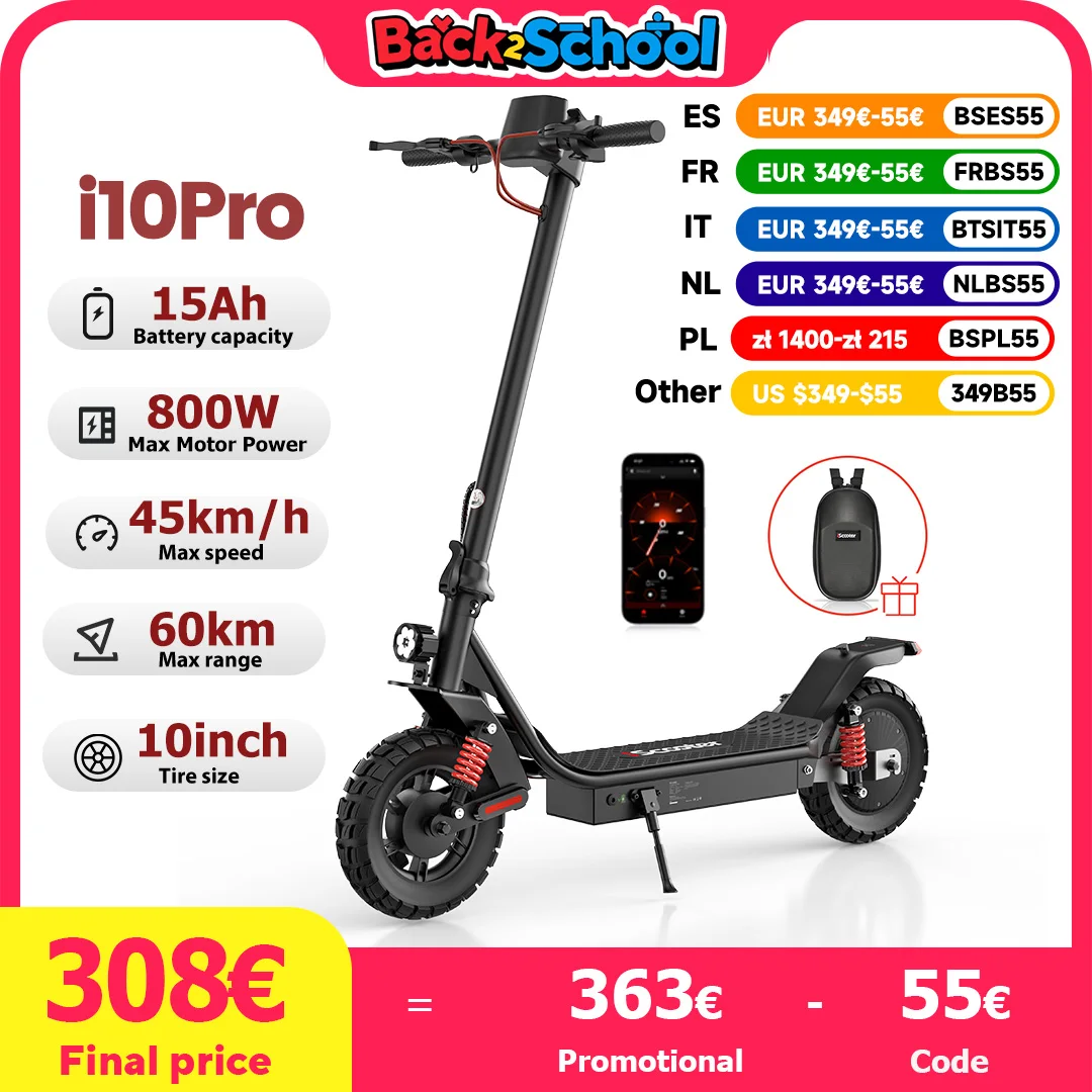 IScooter i10pro Scooter elettrico pneumatico da 10 pollici 800W 48V 15Ah eScooter pieghevole velocità massima 45 km/h gamma 60KM Kick Scooter con App