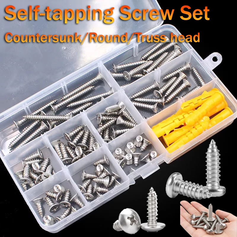 135pcs Self Tapping Wood Screws Set M3.5 M4 Phillips Flat Countersunk Round Truss Head Screw Self Tapping Screw Assortment Kit