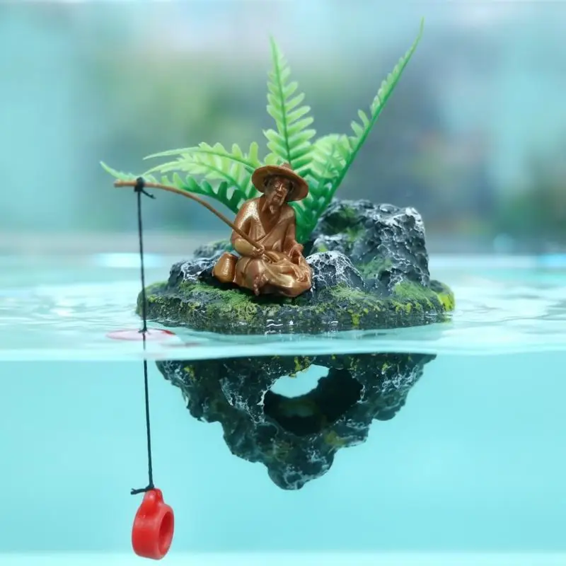 Aquarium-Schwimminsel-Dekoration, Realistische Anglerstatue, Miniatur-Kunstlandschafts-Ornament für Aquaristen – Detail 16