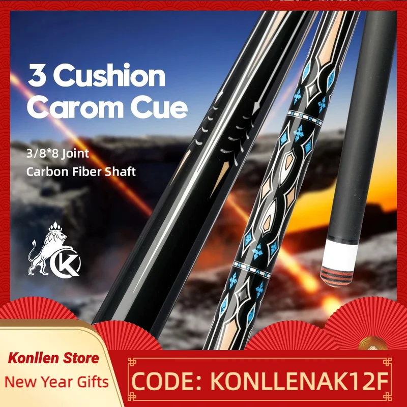 KONLLEN 3 Cushion Carom Cue Stick with Carbon Fiber shaft 3*8/8 Joint Pin 142cm for Inlay Libre Carom Cue