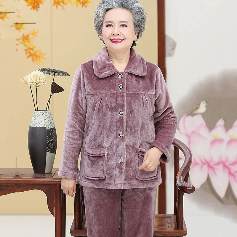 New Middle-aged Womens Pajamas Thick With Velvet Autumn Winter Warm Pajamas Flannel Home Wear Female Trousers Two-Piece Sets 4XL