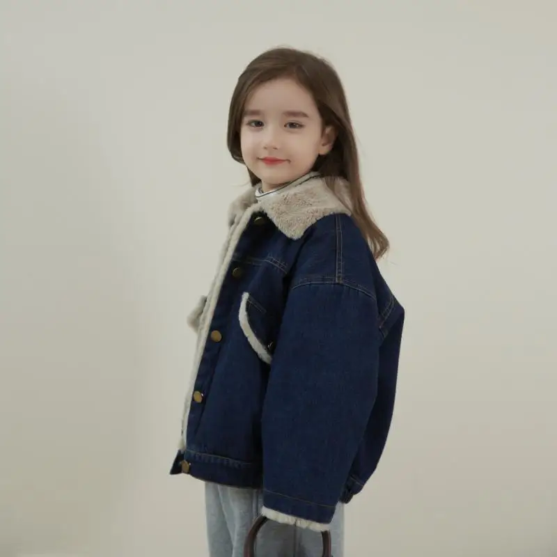 Girls Fleece Denim Jacket 2026 Winter New Trendy Top Kids Versatile Casual Family Suitable Good Looking Matching