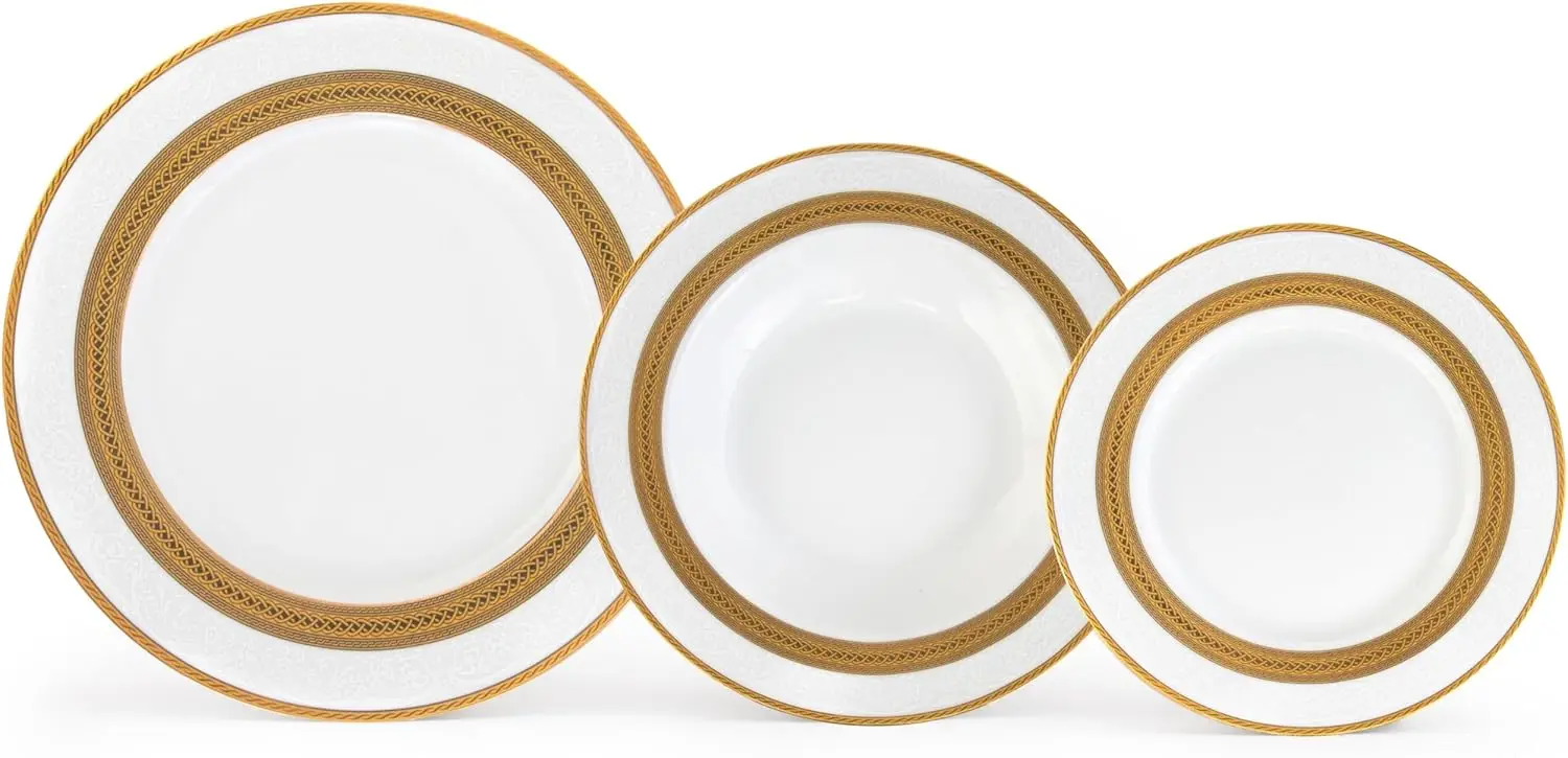 

Porcelain Dinnerware Set for 4-12 Piece Luxurious Dish Set - White with Gold Rope Design - Kitchen Set for Everyday Dishes or Fo