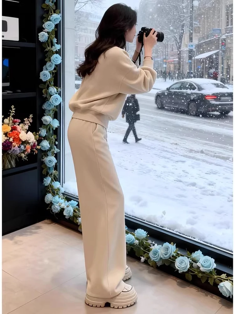 Autumn Winter New Style plus Size Women's Casual Sports Set Fashionable Youthful Fleece Sweatshirt Wide Leg Pants Complete Set