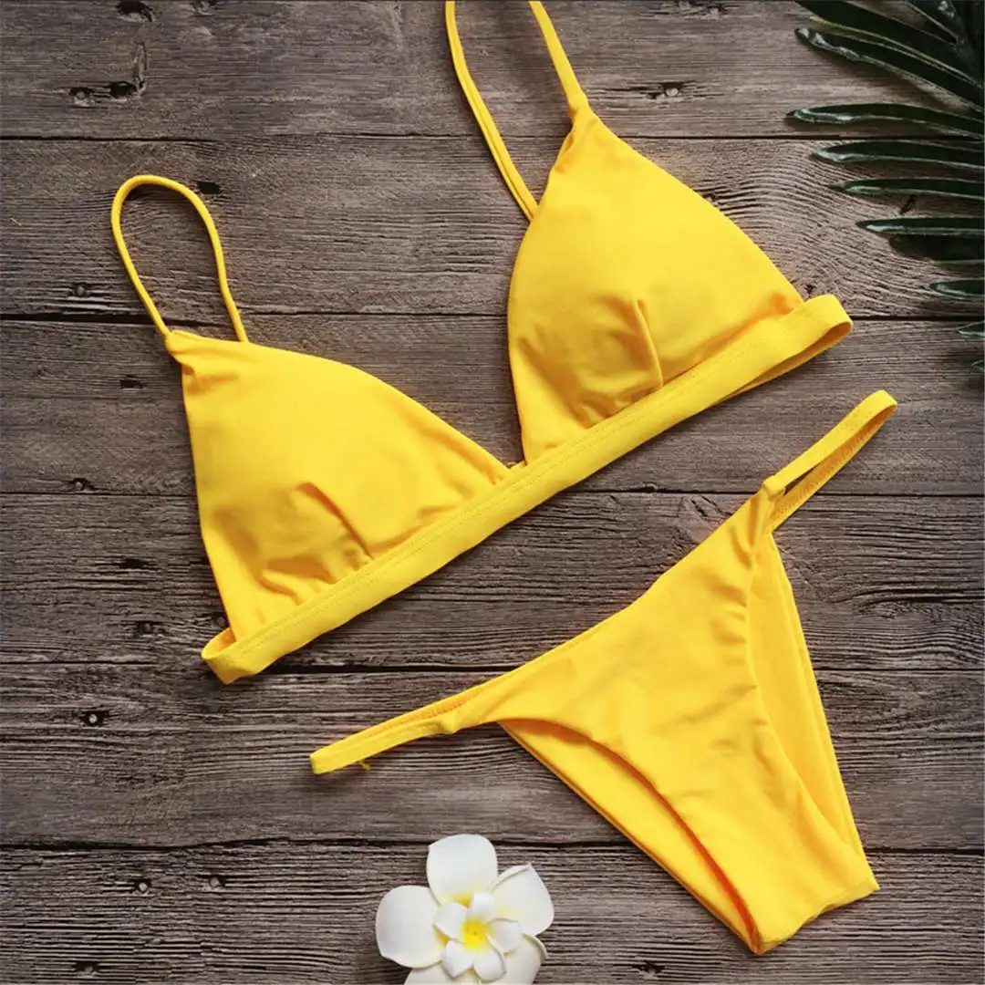 Neuer, verführerischer, gepolsterter brasilianischer Bikini, Damen-Badeanzug, zweiteiliges Bikini-Set, einfarbiger Badeanzug, Damen-Badebekleidung, V64A. – Detail 38