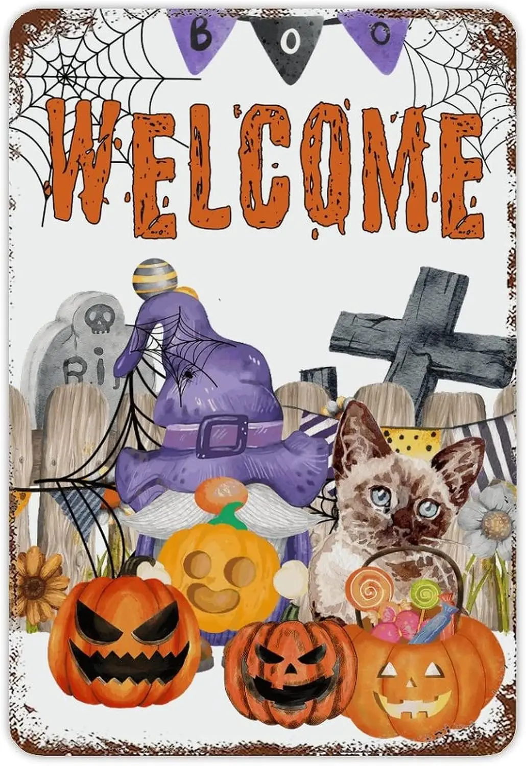 Halloween Gnome Tin Sign Pumpkin Scary Halloween Party Decorations Welcome Cat Fence Banner Metal Sign Vintage Farmhouse Decorat