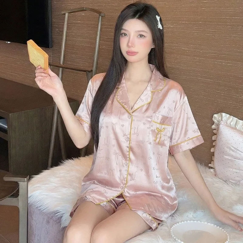 French Luxury Bow Embroidery Pajamas Set for Women Summer New Short Sleeve & Shorts Women's Pajamas 2 PCS Sleepwear Casual