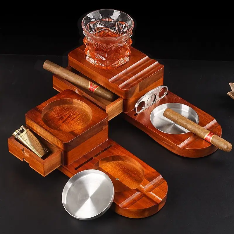 

2-In-1 Cigar Whiskey Ashtray, Solid Wood Retro Fashion Cigar Stainless Steel Ashtray.