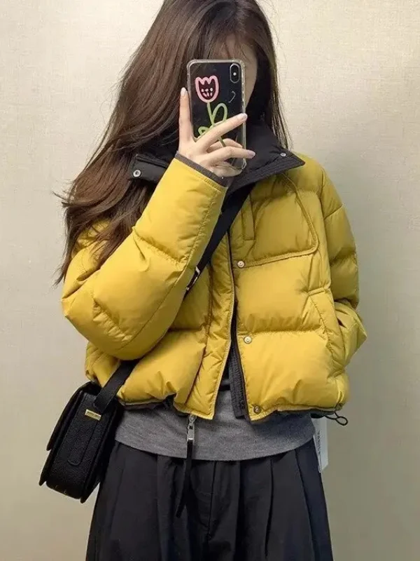 

Yellow Color Blo Cotton Jaet Women's ort Bread Sle Winter Coat Korean Sle Thiened Outerwear Loose Fit Hooded