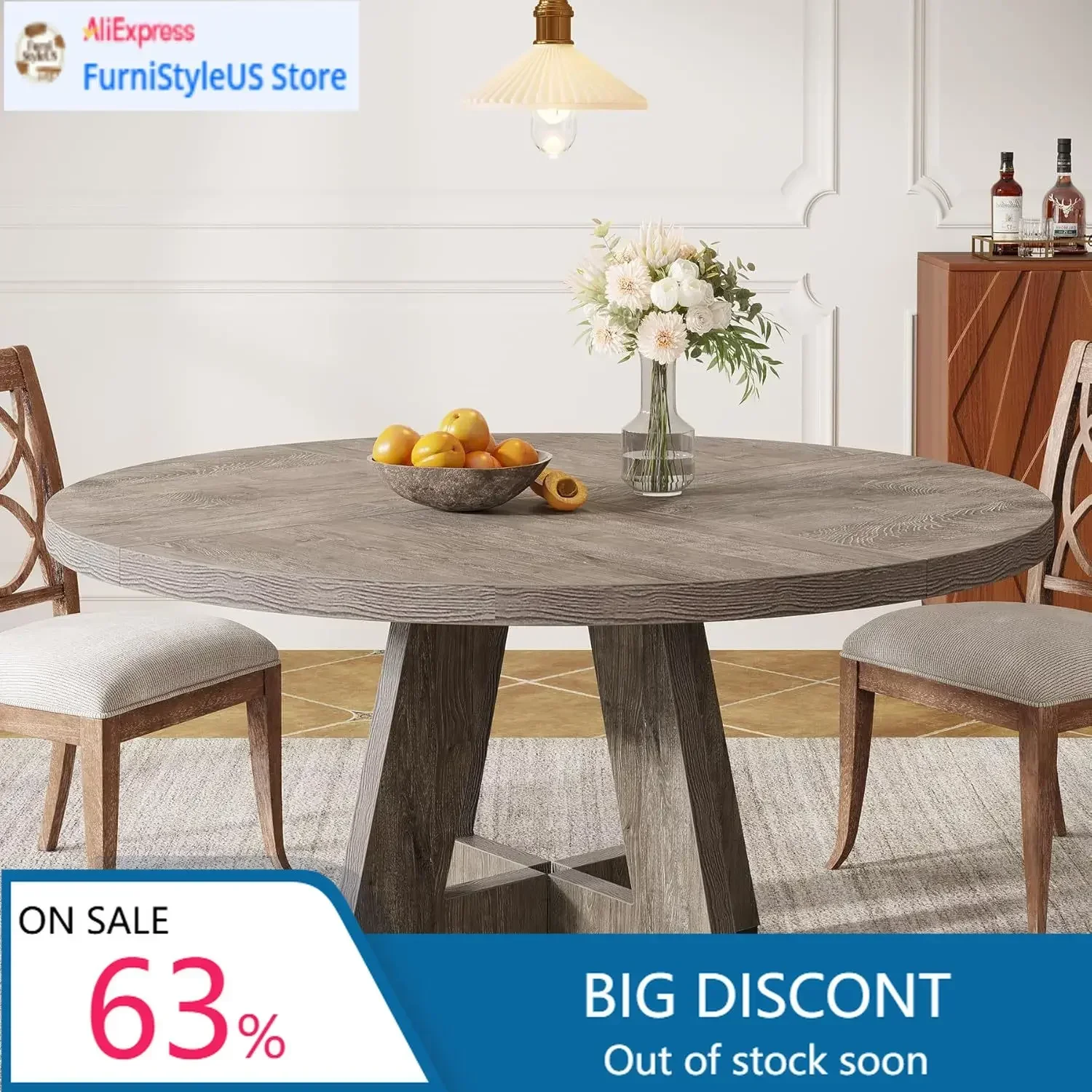 Farmhouse Dining Table, 47 Inch Round Dinner Table for 4 (Grey)