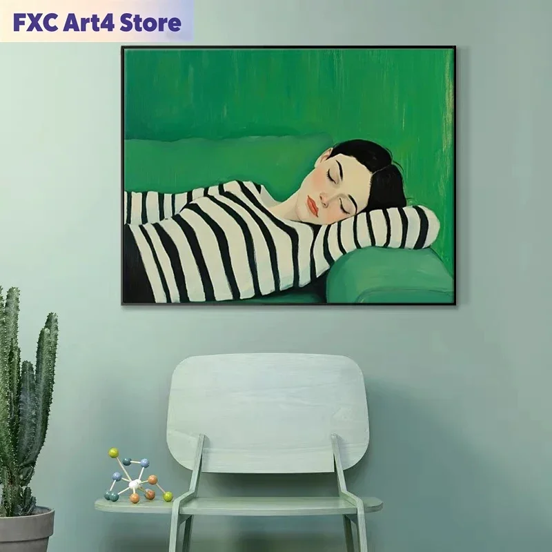 Frameless Woman Sleeping on The Sofa Poster and Prints Figure in Stripes Canvas Painting Green Wall Art Picture for Living Room
