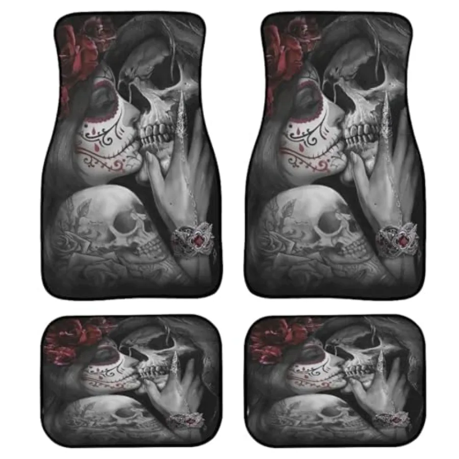 

Gothic Sugar Skull Flower Design Car Floor Mats for Cars Universal Front Rear Auto Accessories in Rose Color with Custom Skelet