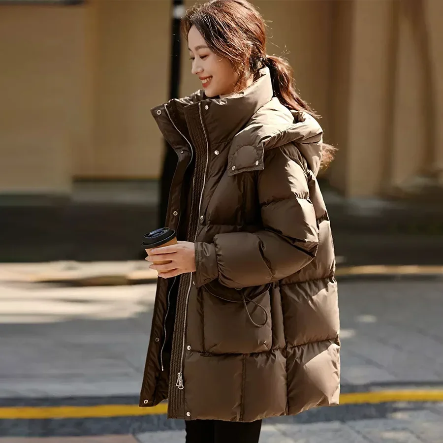 Women\'s Winter Coats Hooded Loose Casual Puffer Jacket Duck Down Thicked Warm Mid-length Down Jacket Stand-up Collar Overcoat