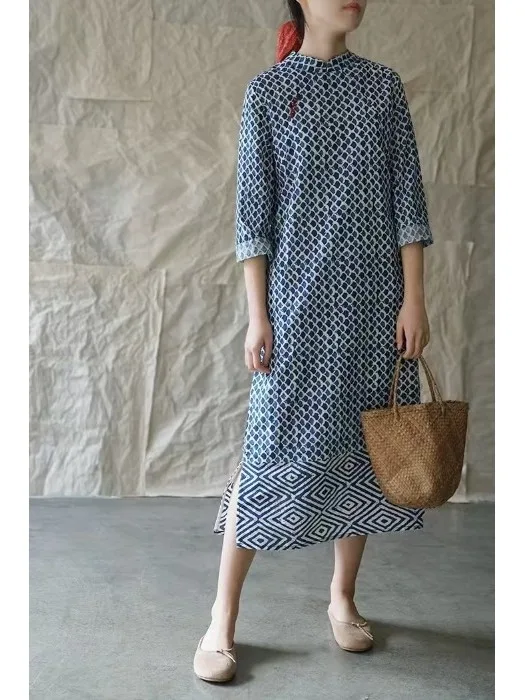 Artistique n coton lin Dr Zen ethnique Sle thé Costume taille ample longue Sve jupe trapèze pour tenue décontracté