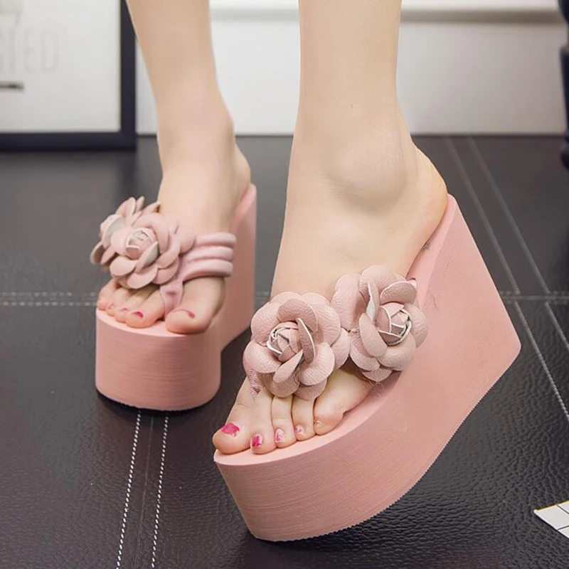 11cm flip flop wedges heels summer sandals slippers woman shoes women girls beach shoe light bottom platform handmade flowers