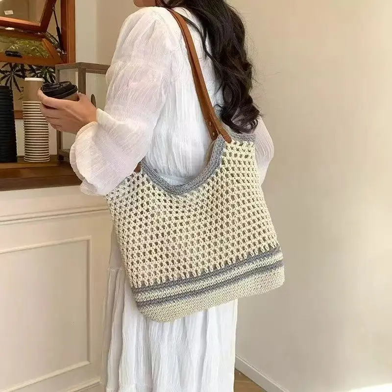 الصيف النساء الجوف خارج النسيج القش حقيبة سعة كبيرة محبوك عطلة حقيبة شاطئية الإناث حقيبة تسوق عادية تخزين حقيبة يد