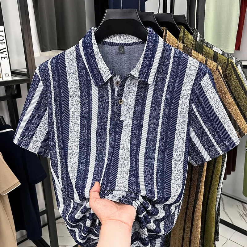 Herren Strukturierte Vertikal Gestreifte Kurzarm-Poloshirts Lässige Business-Oberteile Atmungsaktiv Knitterfrei Sommerkleidung – Detail 8
