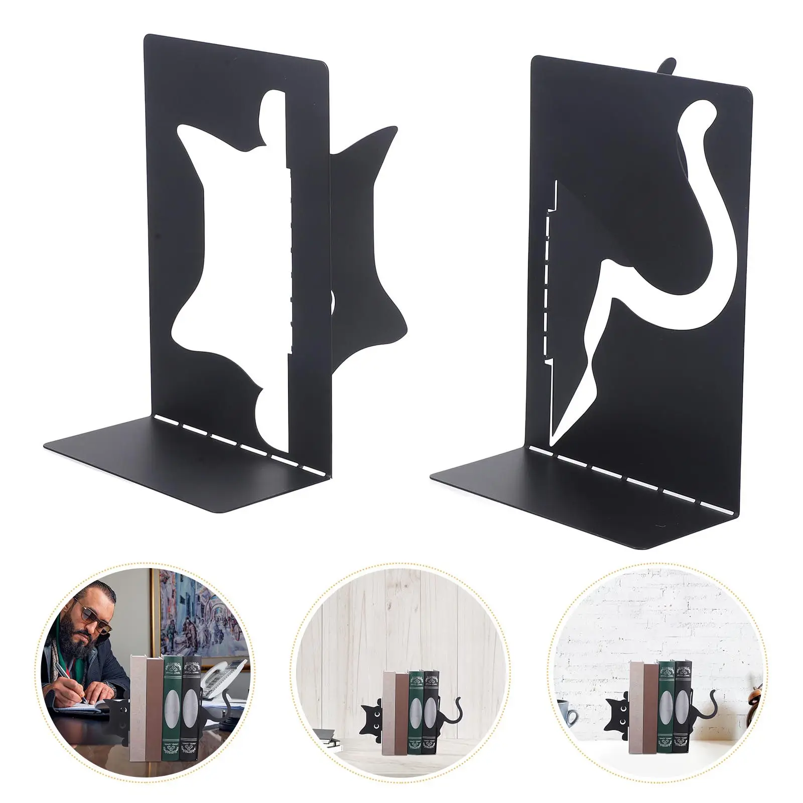 1Pair Cat Bookends Metal Bookend Iron Book Holder for Shelves Desk Decorative Non-Slip Bookshelf Organizers