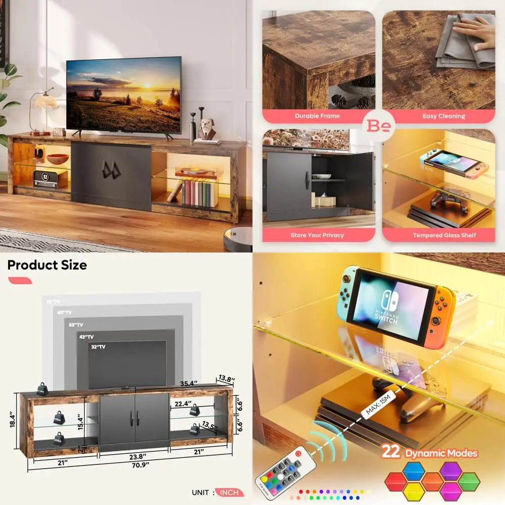 Large 70 Inch LED TV Stand - Modern Rustic Brown Entertainment Center with Adjustable Shelves and Storage Cabinets