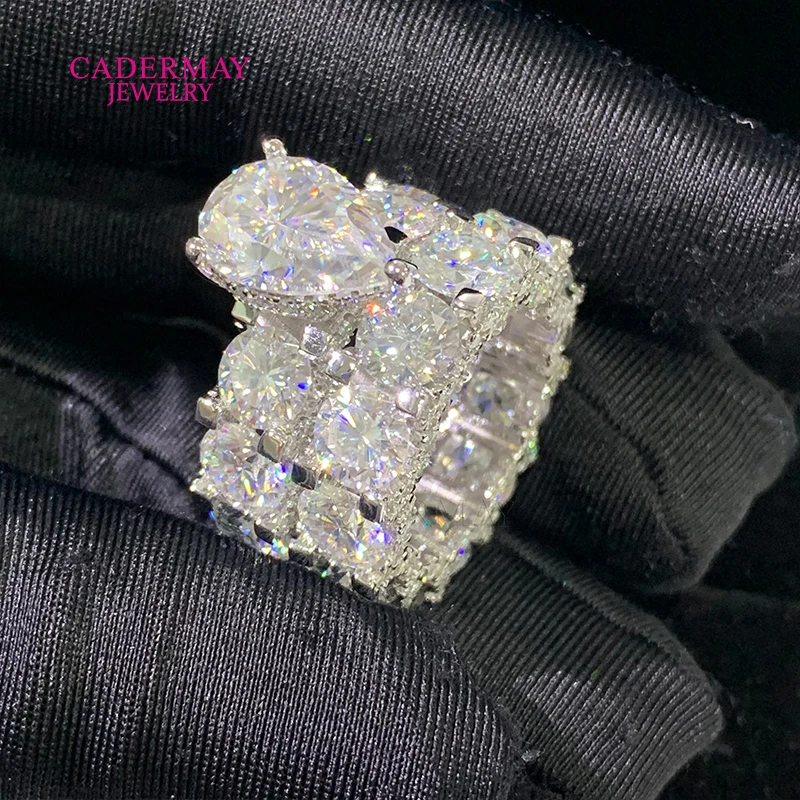 Cadermay luxury 5ct pear cut D VVS moissanite ring with 6mm round moissanite diamond eternity band moissanite ring set for women