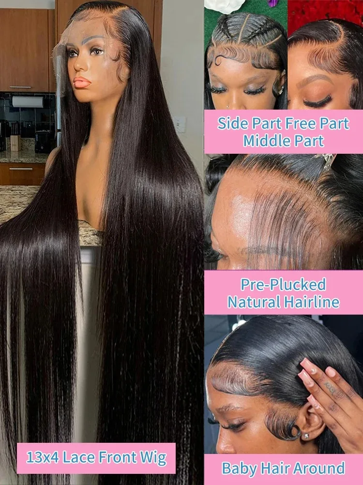 Mossily 30 42 Inch HD 13x6 Lace Frontal Wigs Human Hair Straight Black 100% Raw Wig Brazilian Preplucked Lace Front 180 Density image 3