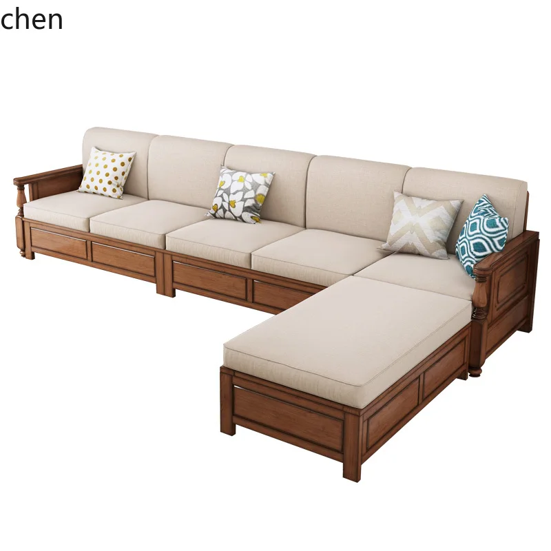 all-solid wood log box sofa retro fabric three-person winter and summer corner concubine small apartment storage