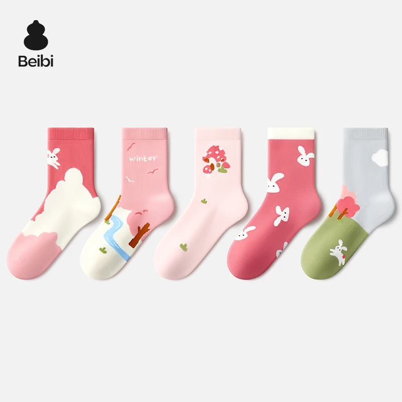 

Beibi 5-Pair Pack Girls' Mid-Calf Socks Pink Rabbit Design Suitable for Spring, Autumn, and Winter For ages 4 and up