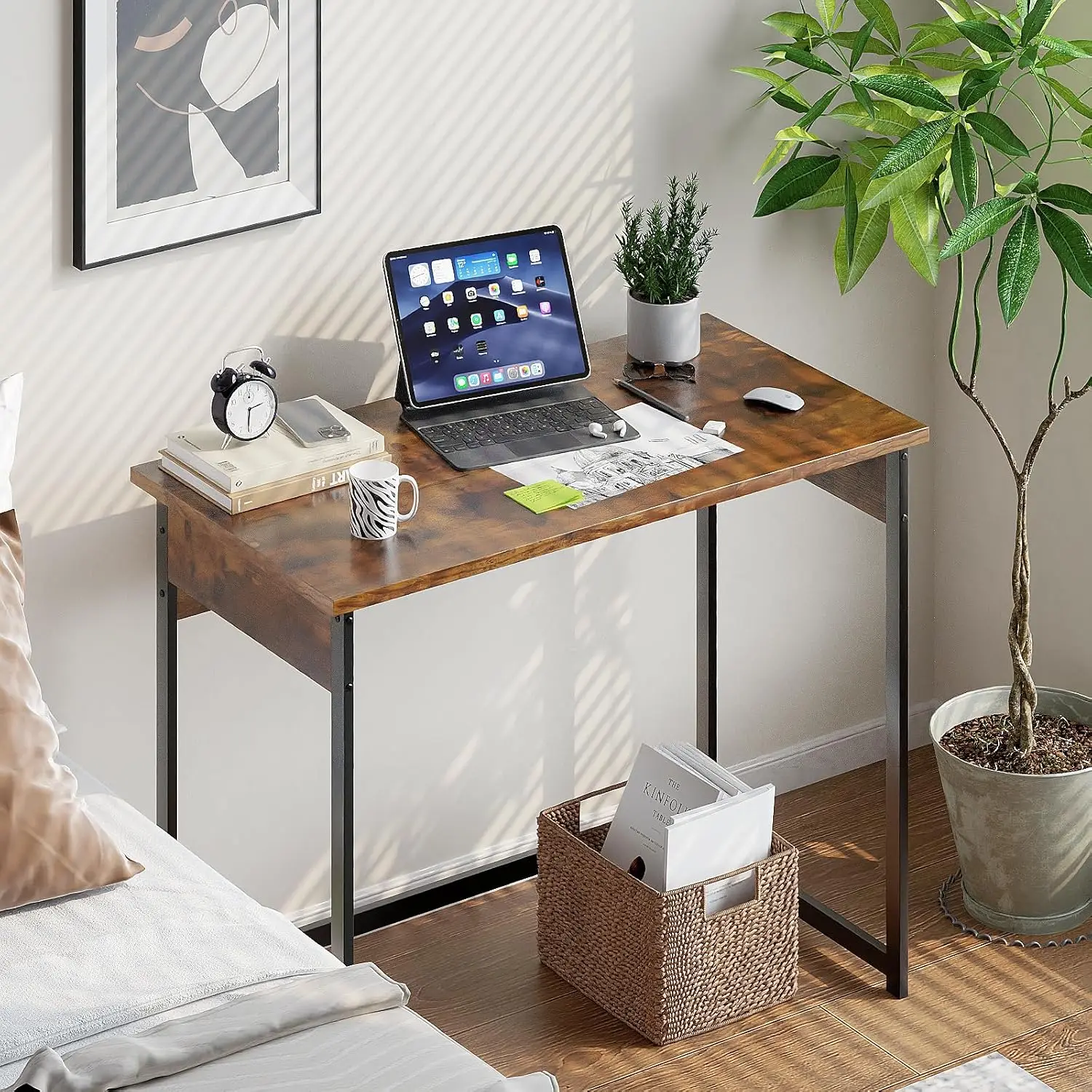 Home Office Computer Desk Sturdy Writing Corner Table for Small Spaces Easy Assemble 37.5in Brown, Customized