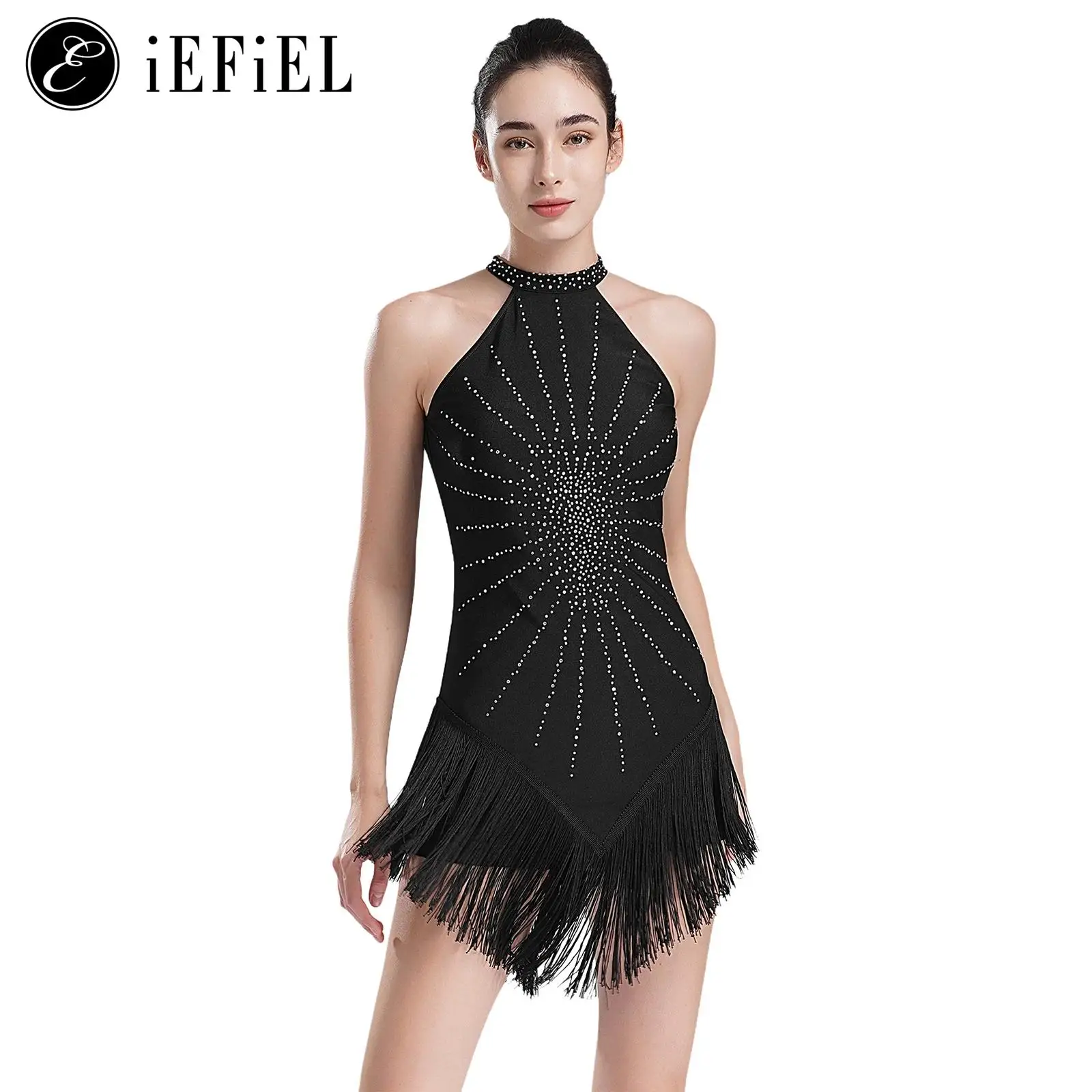 Adult Latin Chacha Tango Dance Costume Ladies Halter Keyhole Back Tassel Dress Lyrical Dancewear for Ballroom Party