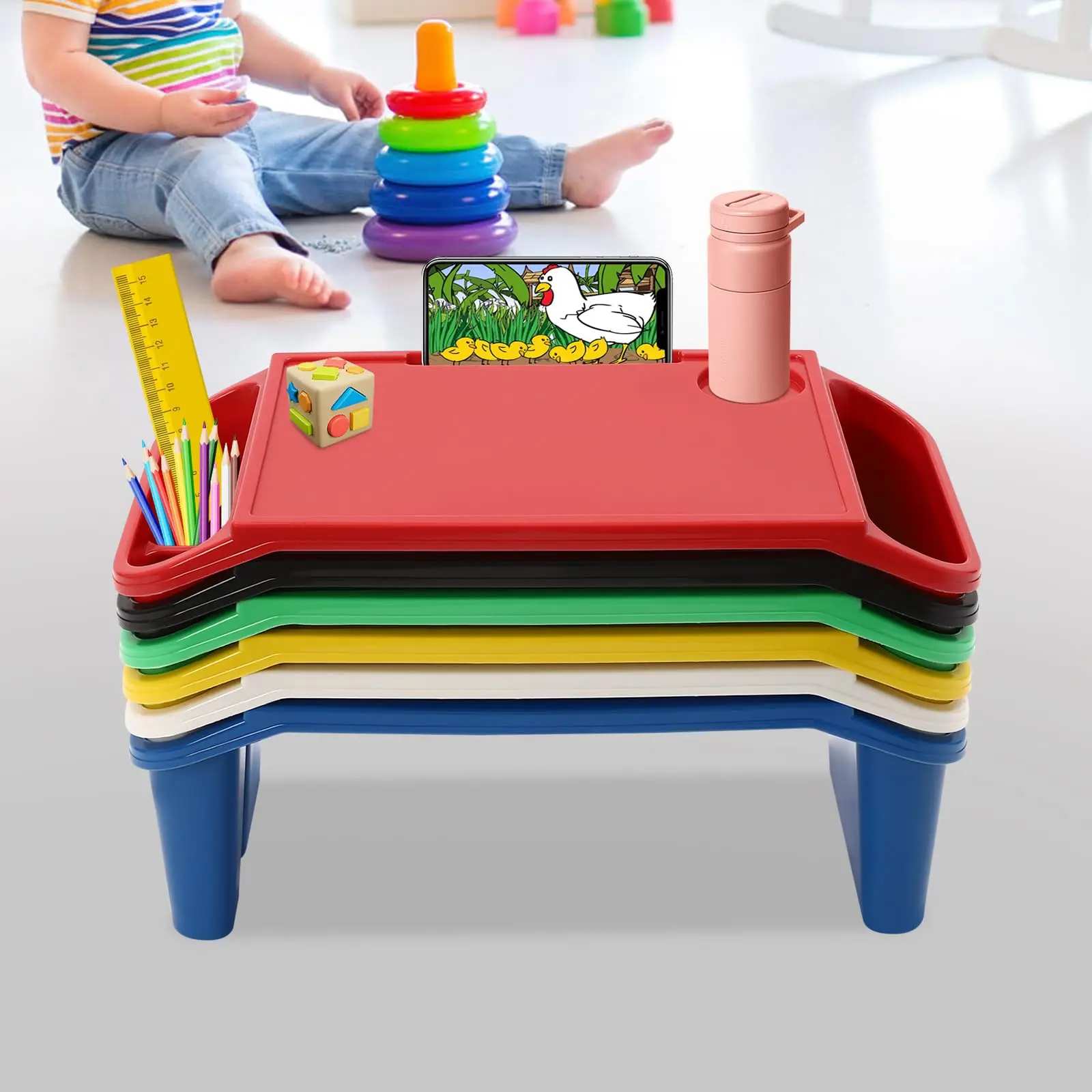 6 Pcs Kids Lap Desk with Side Pocket, Multipurpose Activity Dining Table, Portable Lap Desk, Plastic Breakfast Laptop Trays, Foldable