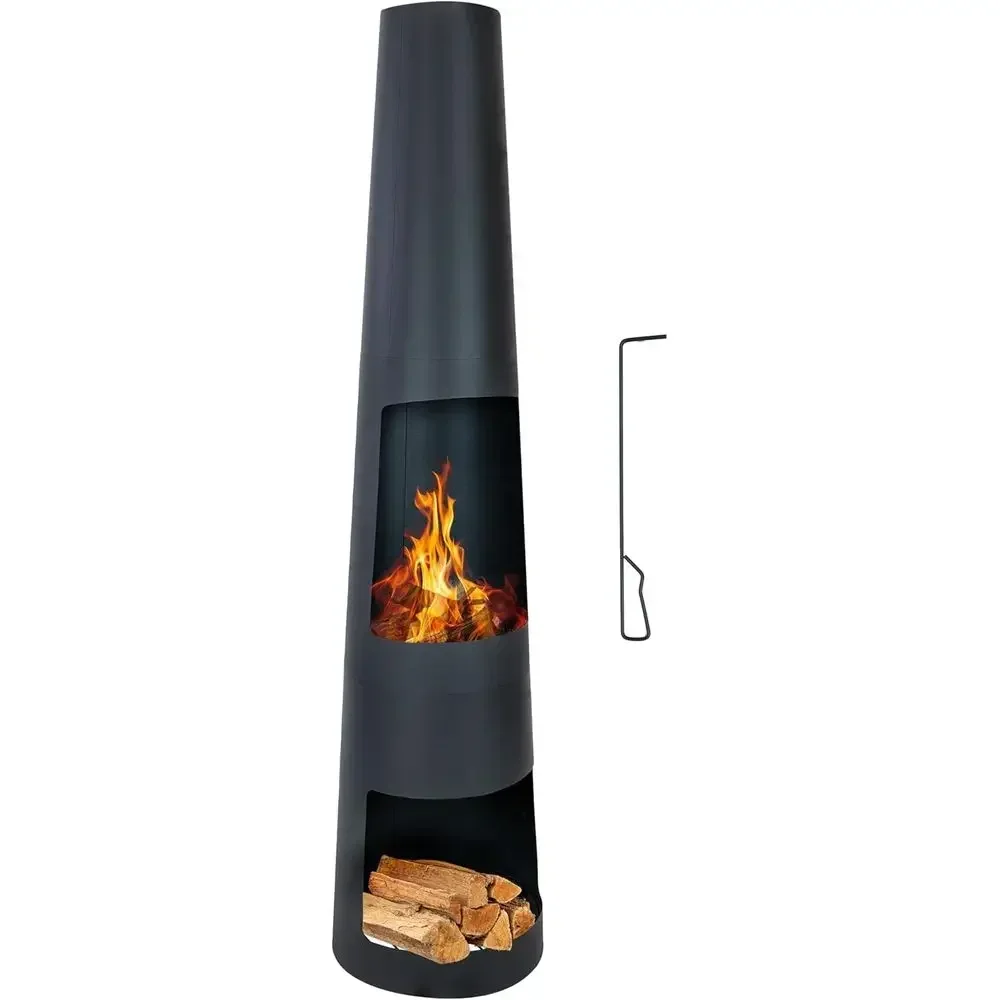 59 Steel Chiminea Outdoor Fire Pit with Integrated Log Rack and Poker